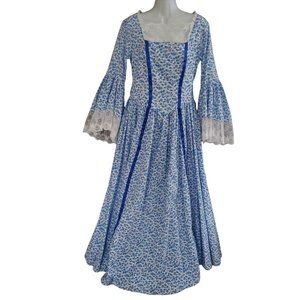 Prairie Cottage Core Maxi Dress Blue & White Floral Poet Sleeve Women's Med